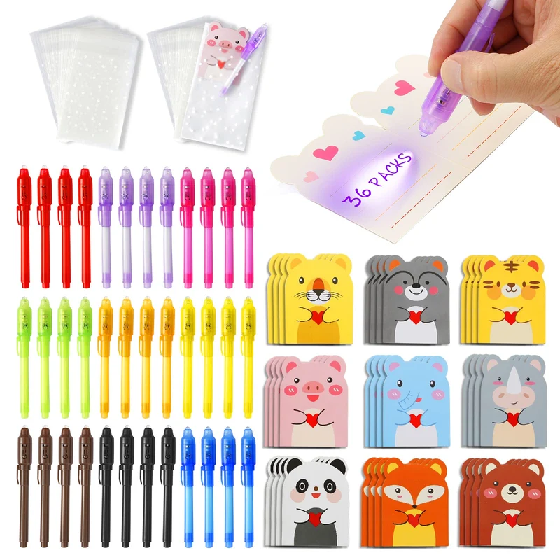 DazSpirit 36pcs Penna Inchiostro Invisibile con Simpatiche Carte Animali e Sacchetti Regalo, Penna Invisibile con Luce Gadget Compleanno Bambini, Penne Invisibili per Scrivere Messaggi Segreti