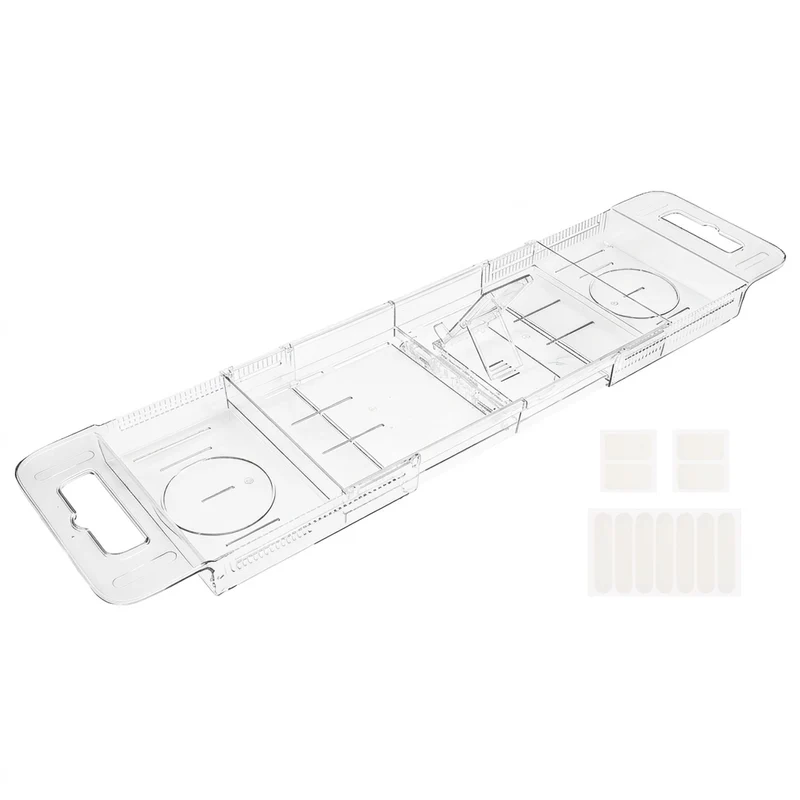Expandable Transparent PET Bathtub Caddy Tray – Adjustable Bath Shelf with Cup Holders