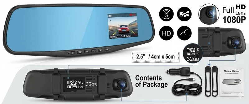 Dash Cam Specchietto Retrovisore Auto 1080P Monitor 2.5" G-Sensor Micro SD 32GB