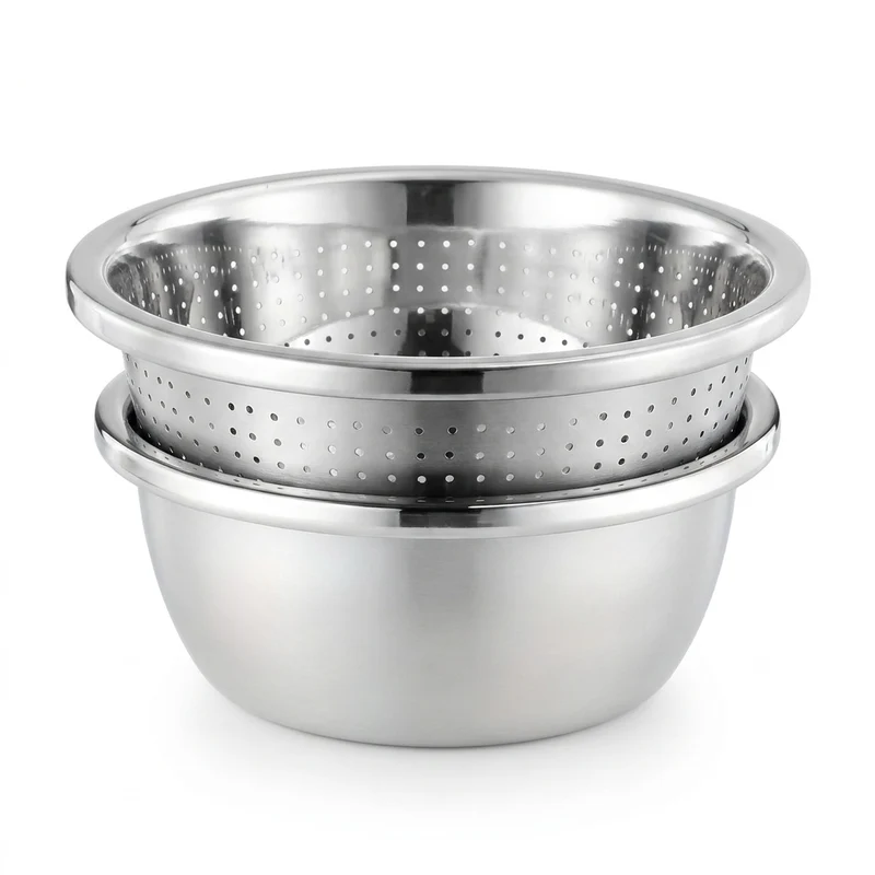 2-Piece Stainless Steel Colander & Mixing Bowl Set — Rice Washer and Strainer
