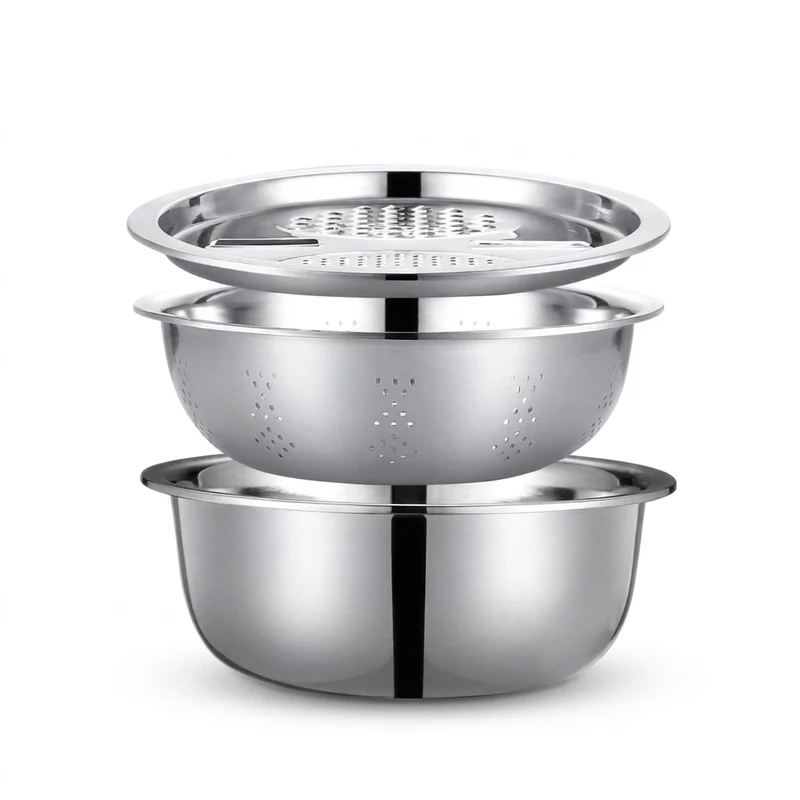 3-Piece Stainless Steel Mixing Bowl Set — Grater, Strainer & Drain for Food Prep