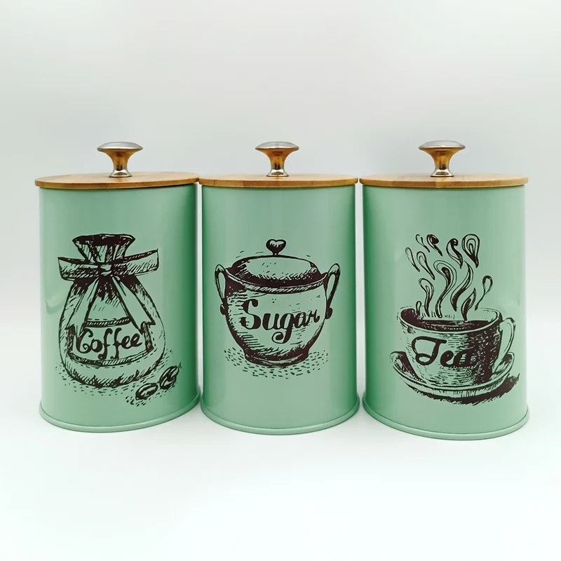 3-Piece Kitchen Canister Set — Coffee, Sugar & Tea Storage with Bamboo Lids