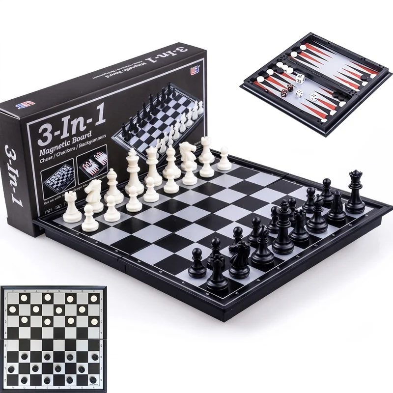 Foldable Magnetic 3-in-1 Board — Chess, Checkers & Backgammon, 25cm