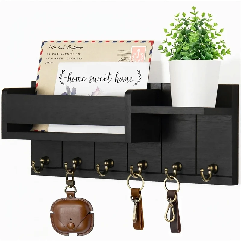 Rustic Wood Key Rack & Mail Organiser — 6 Hooks with Shelf, Wall-Mounted