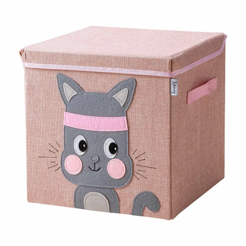 Scatola portaoggetti rosa, con coperchio, design gatto, 33x33x33 cm