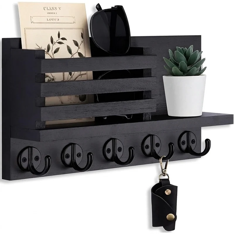 Wall-Mounted Wooden Key & Mail Rack with 5 Metal Hooks, Fittings Included