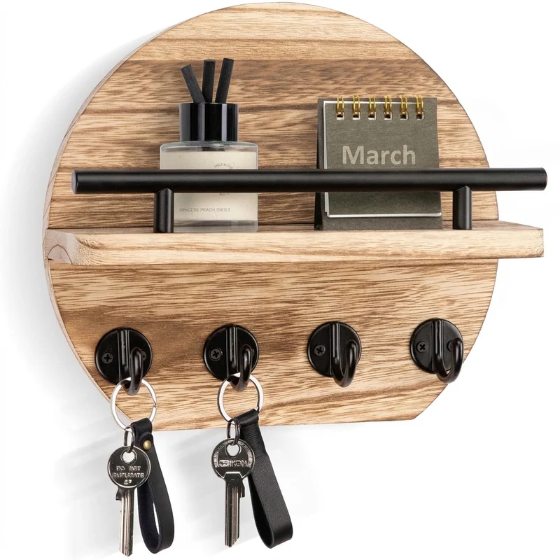 Wall-mounted round wooden key rack with shelf and 8 hooks — apartment wall décor
