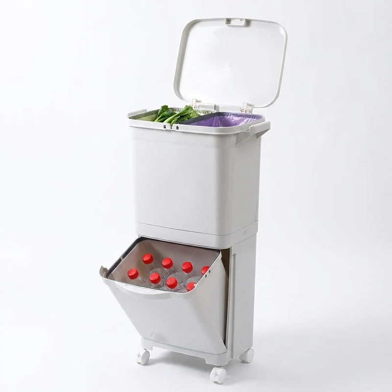38 L Two-Tier Waste Bin with 4 Casters, White — 42 x 28.2 x 73 cm