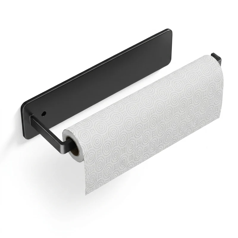 Self‑Adhesive Paper Towel & Toilet Roll Holder — No Drilling, Metal Rack (Black/Grey/White)