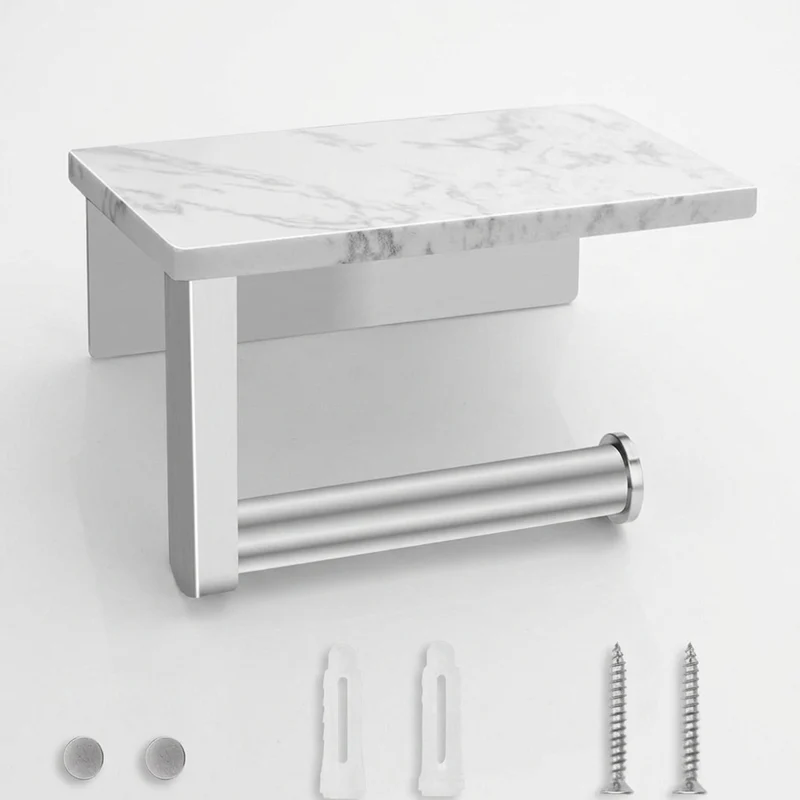 Stainless Steel Toilet Roll Holder with Marble Shelf and Mobile Phone Shelf