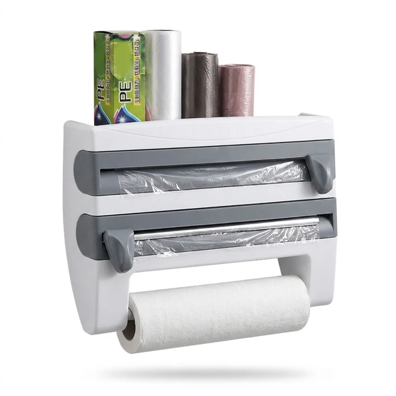 Wall-Mounted Wrap Dispenser with Cutter — Grey ABS, 39 x 24 x 10 cm