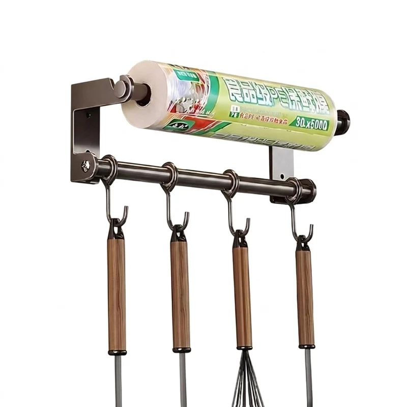 Stainless Steel Double-Rod Kitchen Rack — Spoon Holder & Kitchen Roll Dispenser
