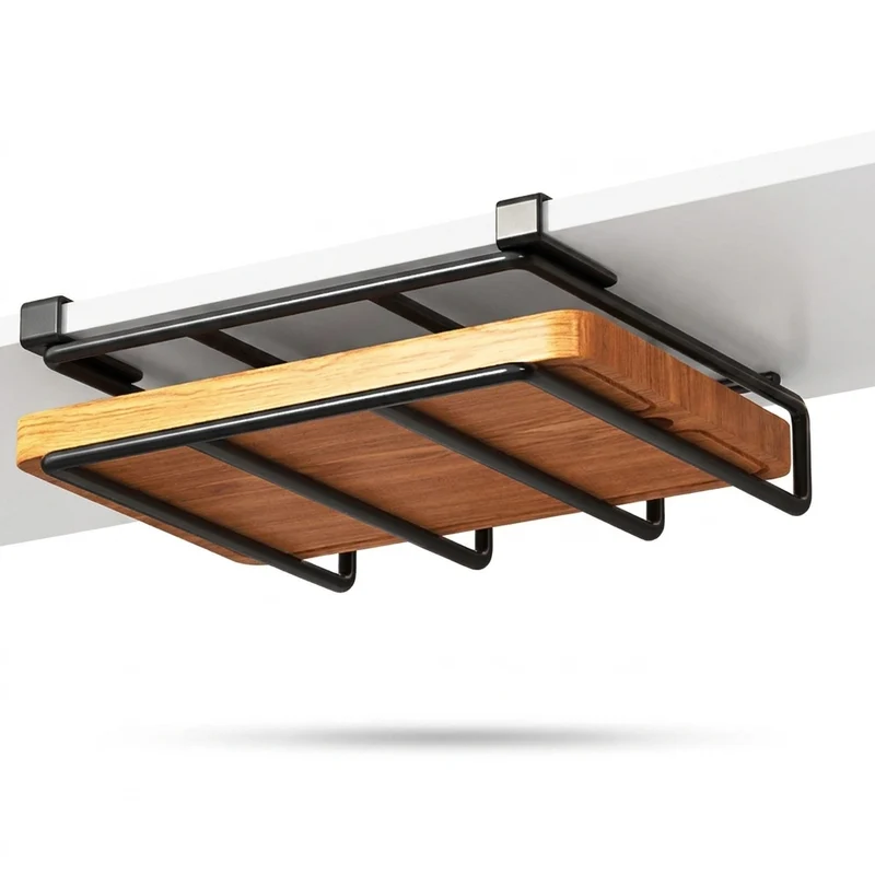 Under-Cupboard Kitchen Hanging Rack with Hooks — Paper Towel, Cutting Board & Pot Lid Holder