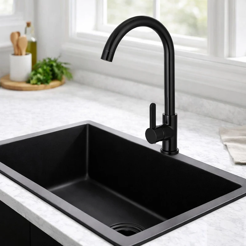 Rubinetto nero da cucina canna alta curva orientabile lavandino