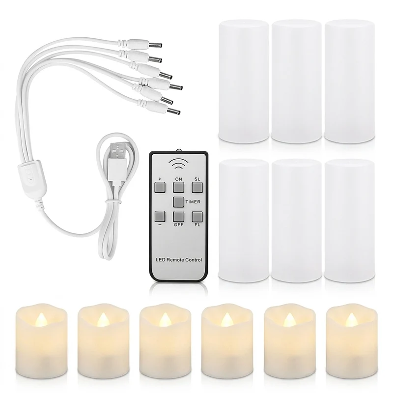 USB Rechargeable Flameless Tea Lights with Remote & Timer – 6 Pack Warm White