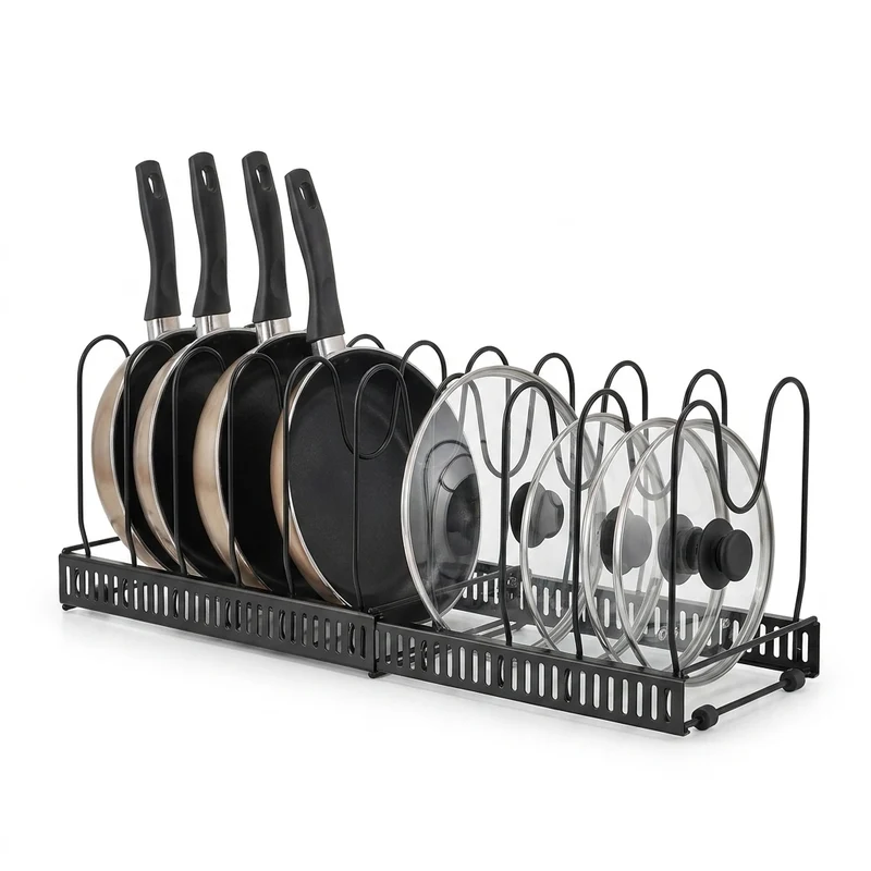 Expandable Pan & Lid Organiser Rack – 10 Adjustable Dividers, 2 Metal Frames