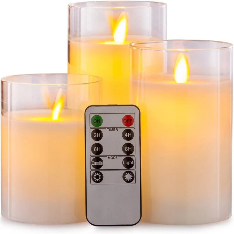 Set of 3 LED Glass Flameless Candles with Remote & Timer — 3 Sizes, 3 Colours