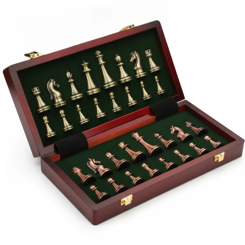 High-end 30cm Antique Bronze Chess Set — Foldable Solid Wood Box & Weighted Alloy Pieces