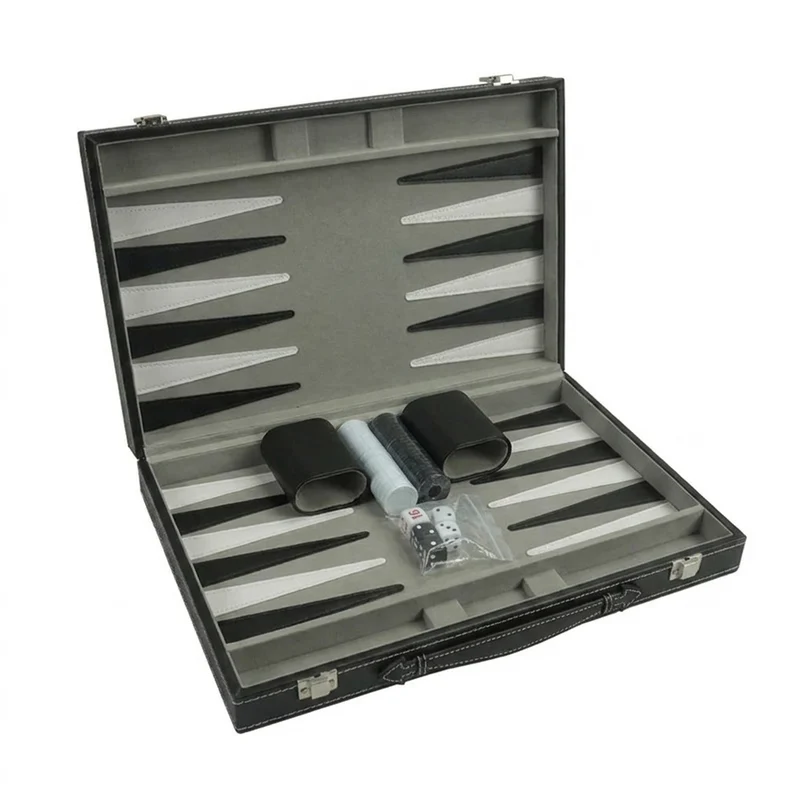Backgammon & Chess Folding Set in Stitched Black Leatherette Case