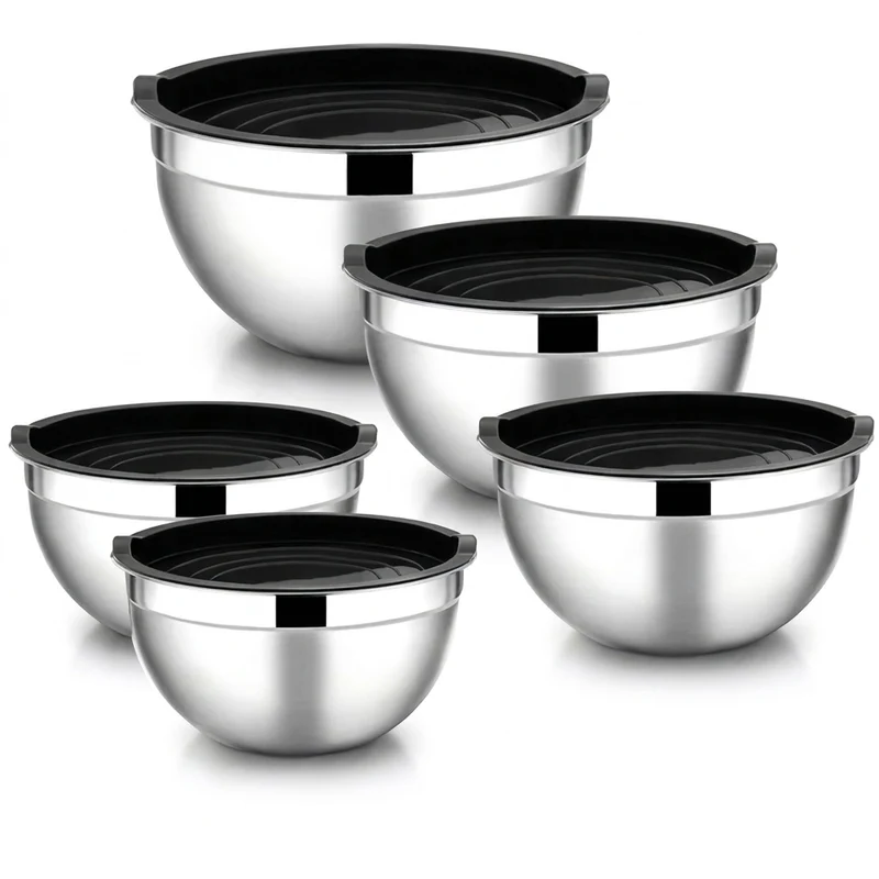 5-piece Stainless Steel Salad Basins with Lids — 2L+ Mixing & Baking Bowls (Silver)