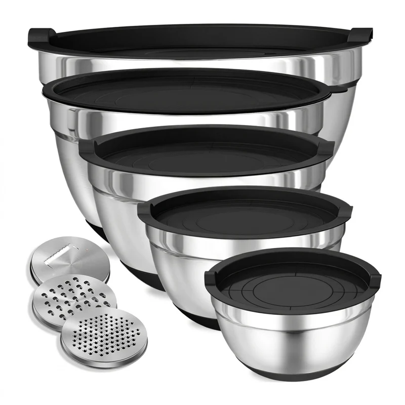 8-Piece Stainless Steel Mixing Bowls with Airtight Lids — Black, Non-Slip Bases