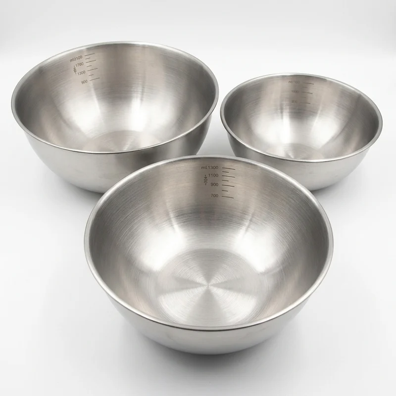 Set of 3 Stainless Steel Mixing Bowls with Measurement Marks — Thickened for Mixing & Kneading