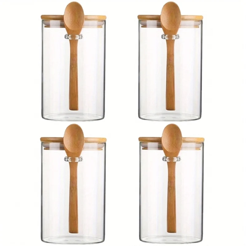 Airtight Glass Jars with Bamboo Lids & Spoons — 18oz (>501ml) — Pack of 1/2/3/4 — Transparent Food Storage for Spices, Beans & Tea