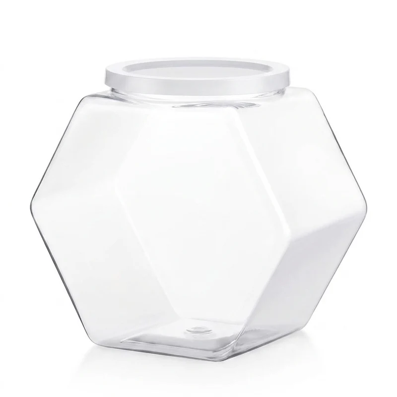 Clear Hexagonal Candy & Cookie Jar with Lid — Reusable Plastic Countertop Organiser