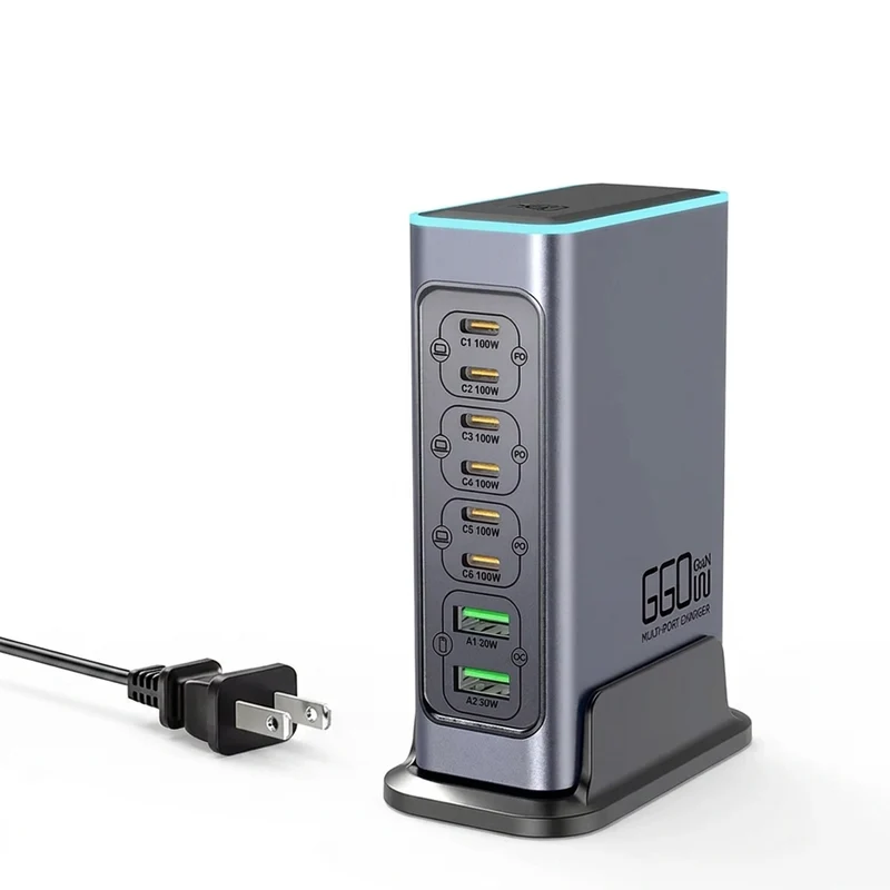 660W GaN 8-Port Desktop Charger — 100W USB‑C PD & Quick Charge 3.0