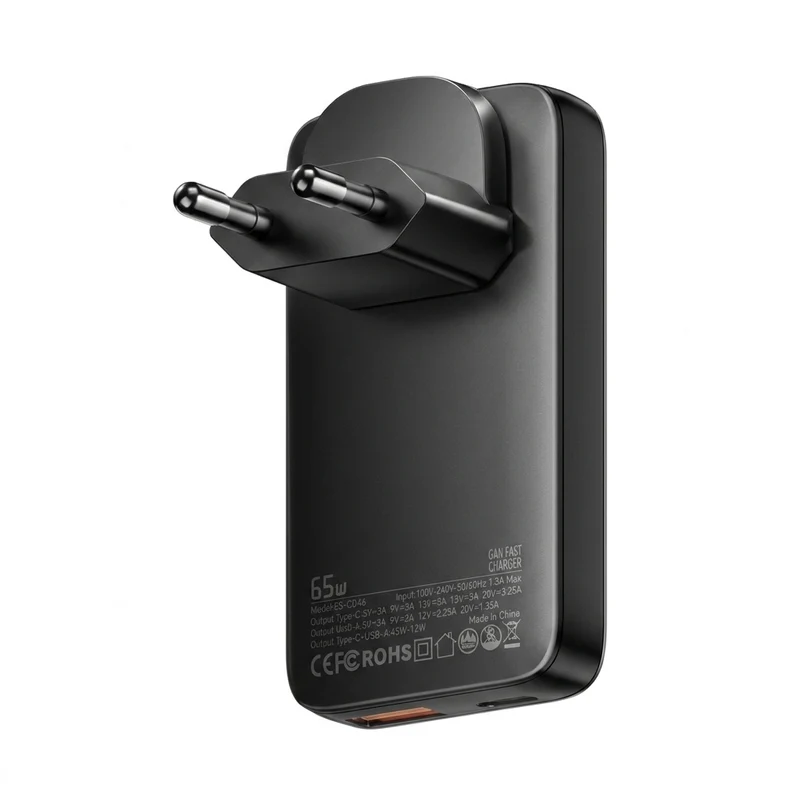 65W GaN USB-C PD & QC 3.0 Fast Charger – USB-C + USB-A, EU/UK/US Plug