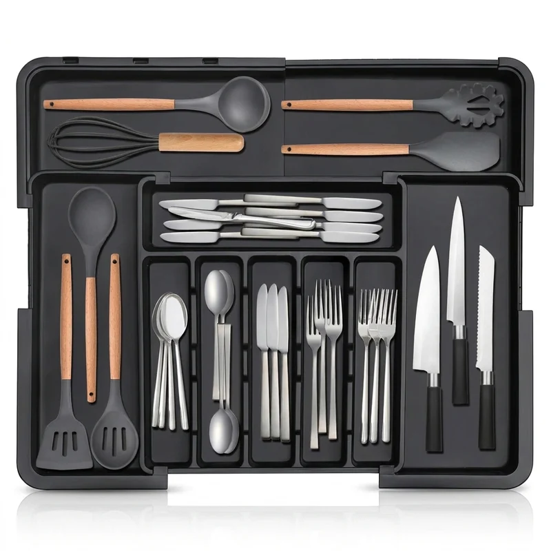 Expandable Kitchen Drawer Organiser for Cutlery – Adjustable 6–9 Slot Tray, Black