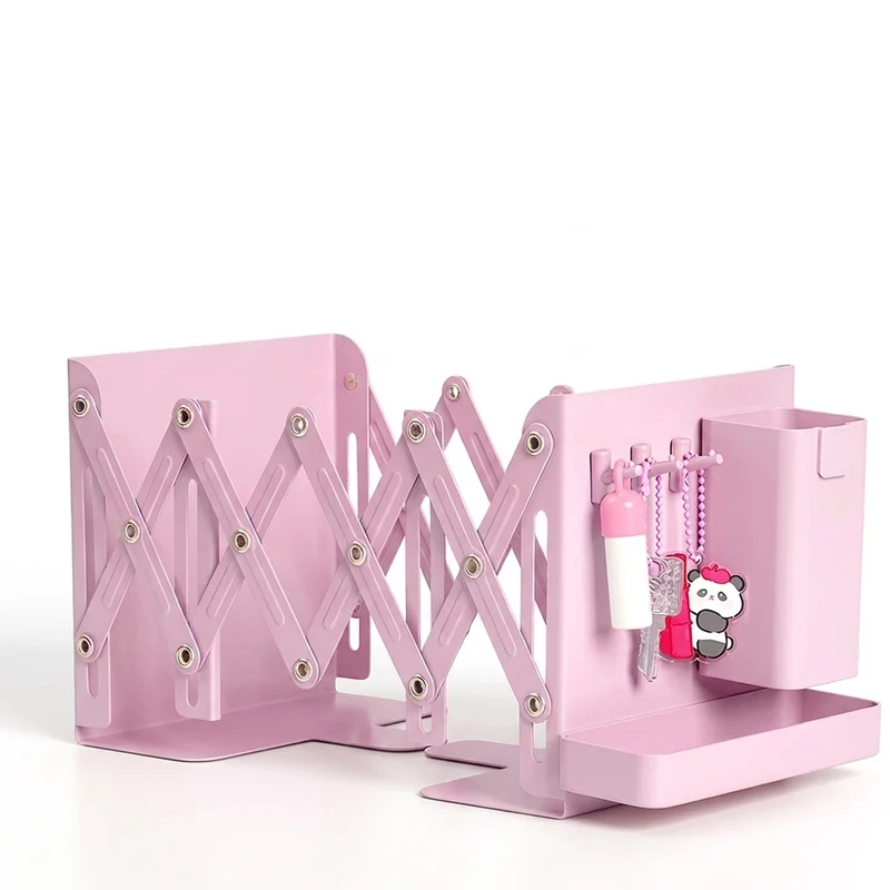 Retractable Metal Desktop Bookstand with Basket, Hooks & Removable Pen Holder