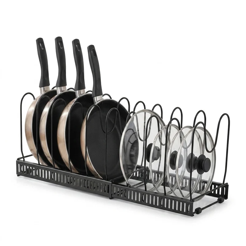 Expandable Pan Organiser Rack with 10 Adjustable Dividers — Pot Lid Holder for Kitchen Cupboards