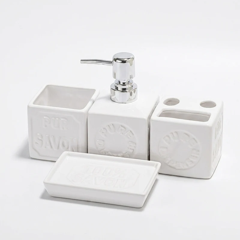 Ceramic 4-Piece Bathroom Organiser Set — Soap Dispenser, Lotion Bottle, Toothbrush Cup & Soap Dish
