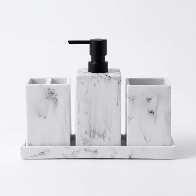 4-Piece Marble-Pattern Resin Bathroom Set — Lotion/Soap Dispenser, Toothbrush Holder, Tumbler & Tray (Black or White)