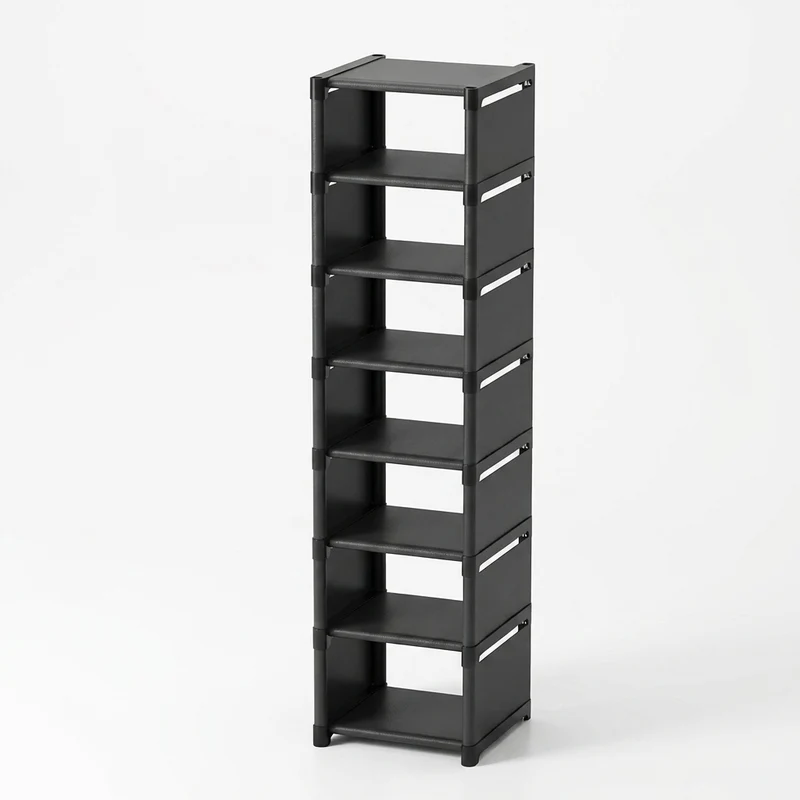 7-Grid Shoe Rack — Metal Tube Frame with Fabric Shelves, Floor Installation, Black or White