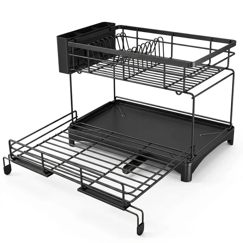Large Rustproof Iron Dish Drying Rack with Drainboard and 3‑Slot Utensil Holder