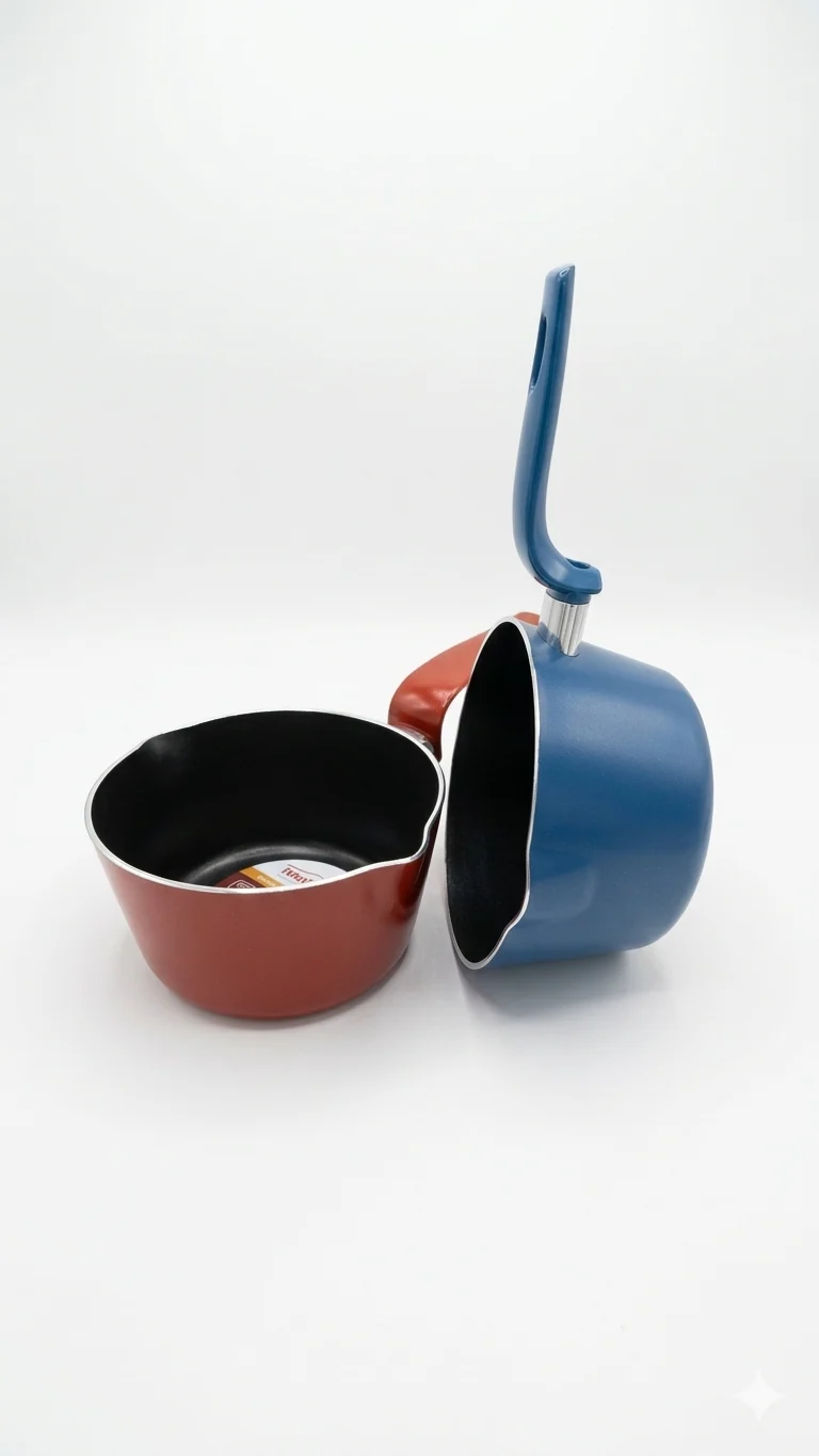 Accademia Mugnano Padella Conica 14 cm – Bollilatte Antiaderente 1 Manico – Colori Assortiti Rosso e Blu – Made in Italy Alta Qualità