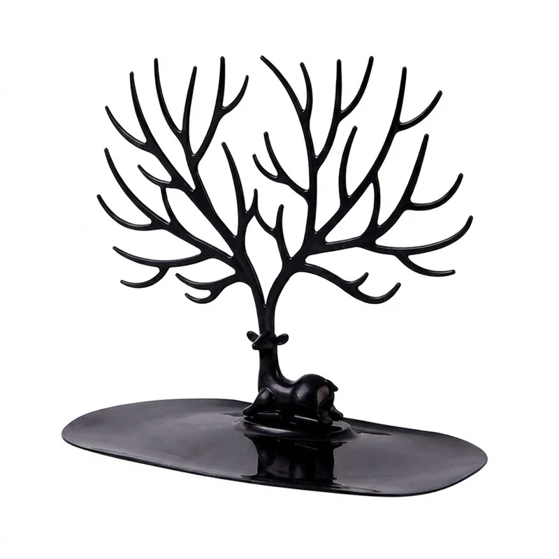 Reindeer Tree Jewellery Stand with Tray — PP Plastic Organiser (Black or White)
