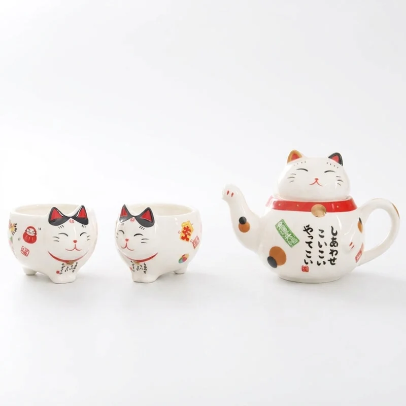 Japanese-style Maneki Neko Porcelain Tea Set with Strainer