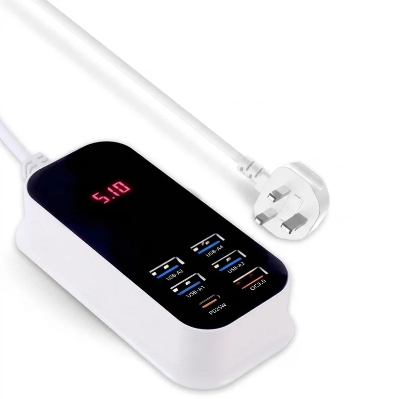 50W 6-Port USB Charger (5x USB-A + 1x USB-C) with PD, QC3.0 and LED Display