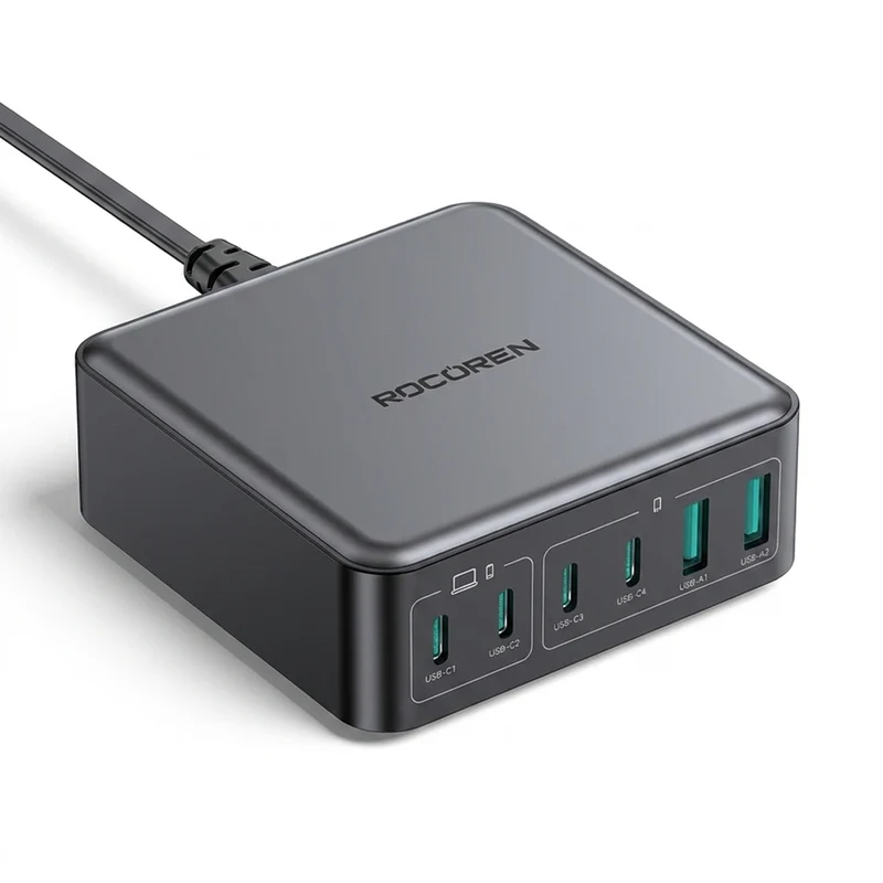 200W GaN 6-in-1 Desktop USB-C PD Charger — 4× USB-C, 2× USB-A