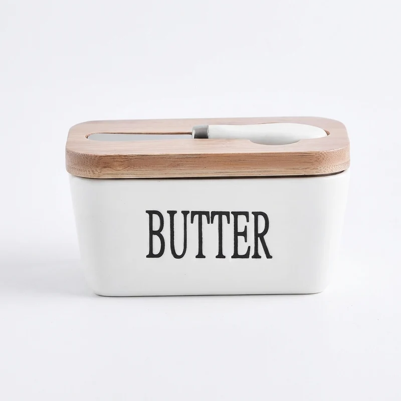 Ceramic Butter Dish with Bamboo Lid & Knife — Square Sealed Butter Box (350/500/650ml)