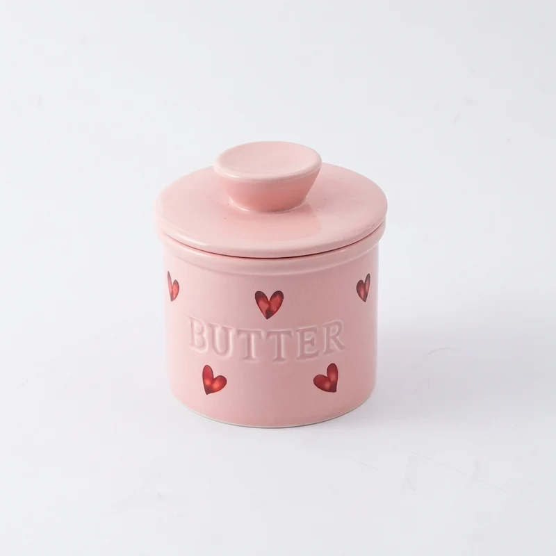 1-piece Pink Ceramic Butter Crock with Lid and Knife – French-style Porcelain Butter Dish