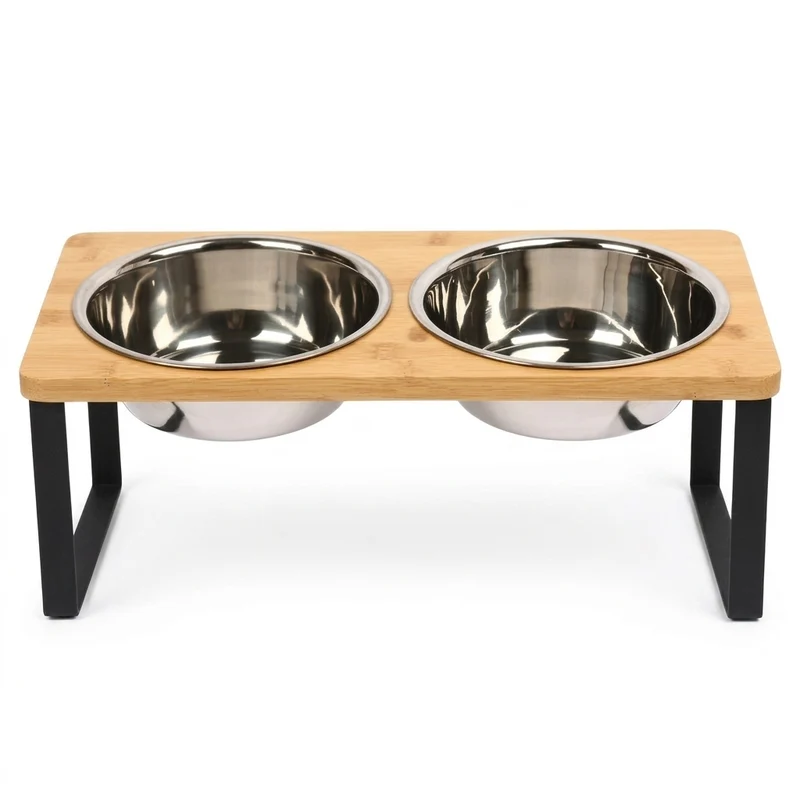 Elevated Wooden Pet Bowl Stand — 15° Tilt, Stainless Steel Double Bowls