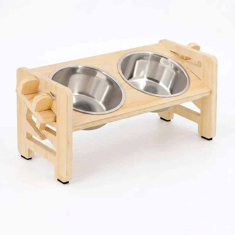 Adjustable Wooden Raised Pet Bowl Stand with 2 Stainless Steel Bowls for Small Dogs & Cats