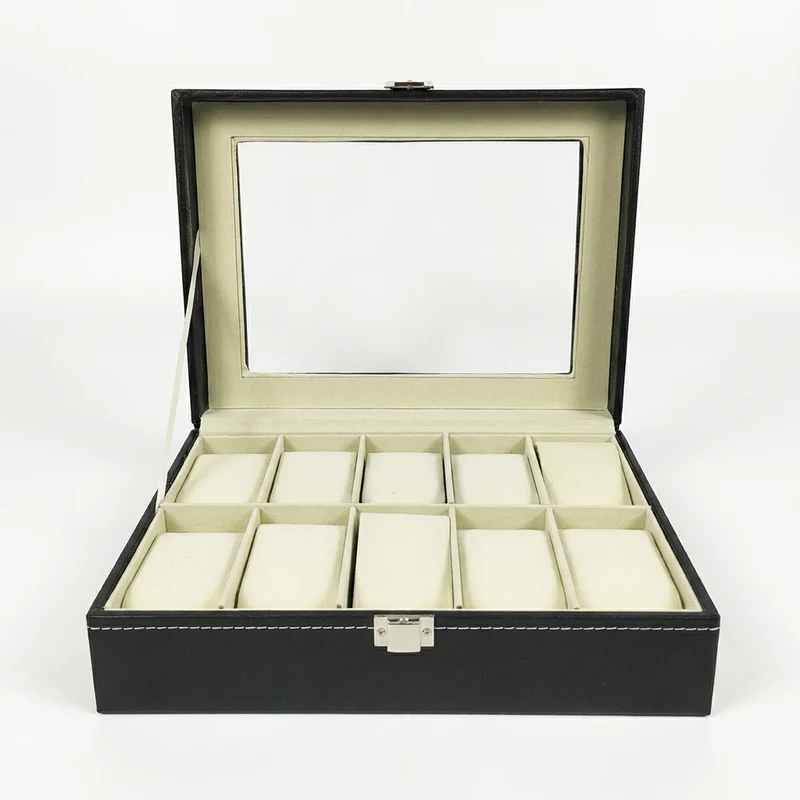 12-Slot Watch Box — Grey PU Leather with Clear Window & Velvet Lining