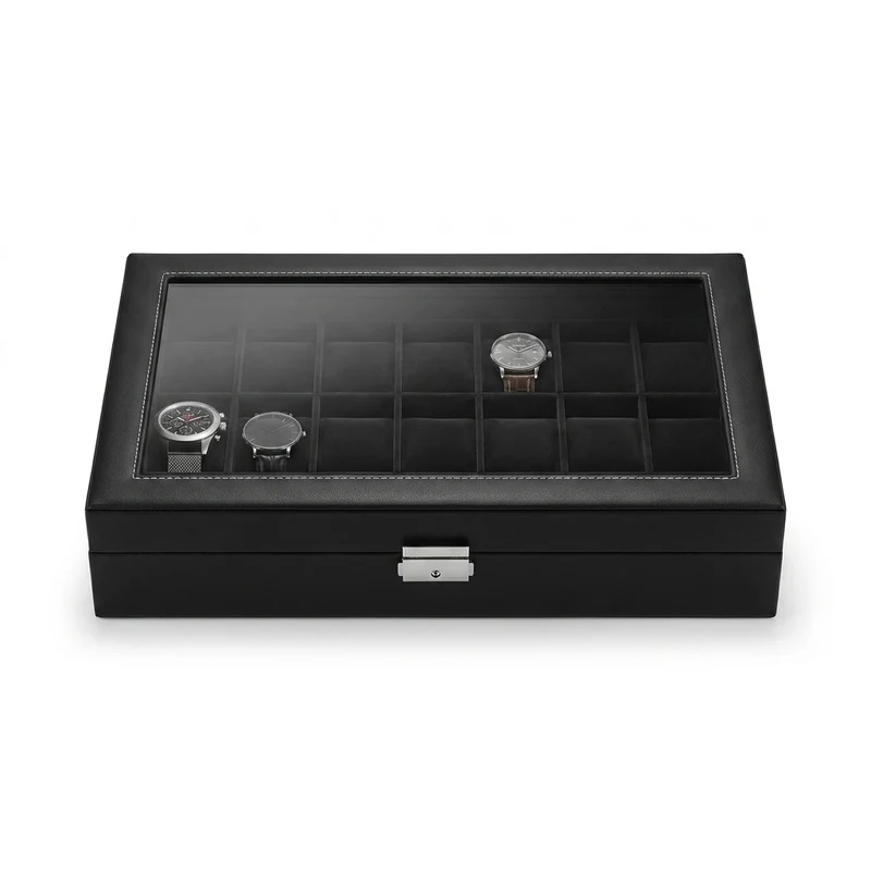 Lockable Watch Box – 24 Slots with Glass Lid, Velvet-Lined Storage Case