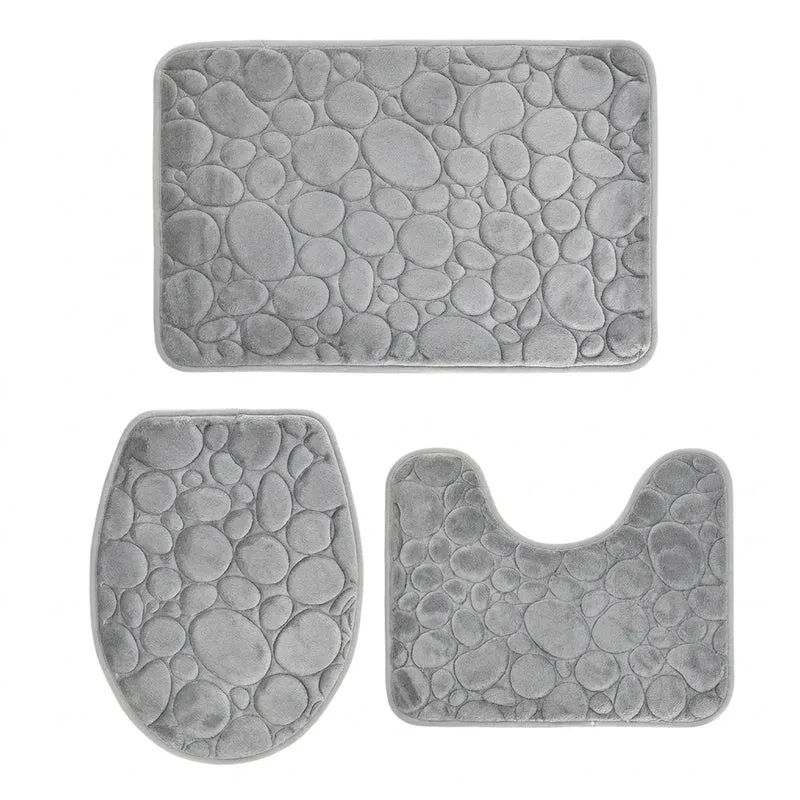 Three‑Piece Stone‑Pattern Microfibre Bathroom Mat Set — Water‑Absorbent & Non‑Slip