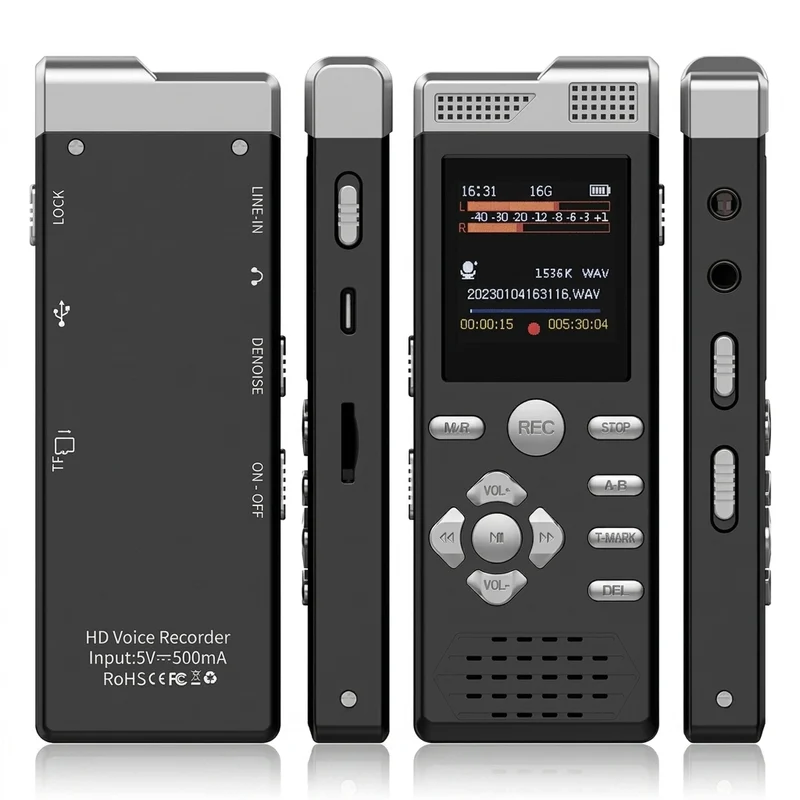 Digital Voice Recorder & MP3 Player — Dual Microphones, Voice‑Activated, Password Protection, Line‑in